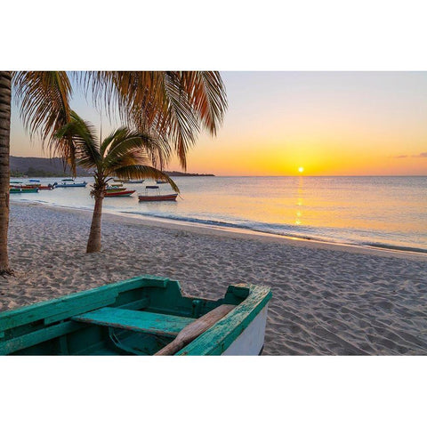 Caribbean-Grenada-Grenadines Sunset and wooden fishing boat on Grand Anse Beach Black Modern Wood Framed Art Print by Jaynes Gallery
