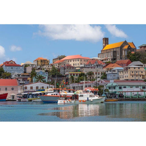 Caribbean-Grenada-St Georges Boats in The Carenage harbor Black Modern Wood Framed Art Print by Jaynes Gallery