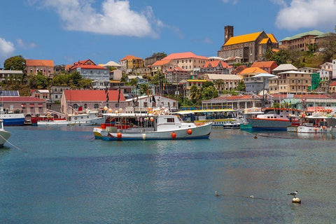 Caribbean-Grenada-St Georges Boats in The Carenage harbor Black Ornate Wood Framed Art Print with Double Matting by Jaynes Gallery