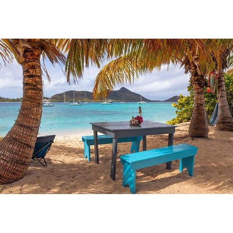 Caribbean-Grenada-Sandy Island Picnic table and hammock on beach Black Modern Wood Framed Art Print by Jaynes Gallery