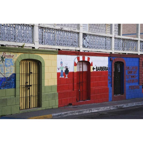 Puerto Rico, Isabela Segunda Town shop fronts Black Modern Wood Framed Art Print with Double Matting by Flaherty, Dennis