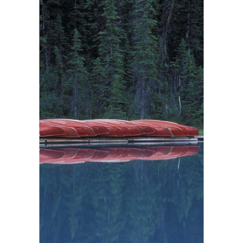 Canada, Alberta Canoes line the Lake Louise Black Modern Wood Framed Art Print with Double Matting by Anon, Josh