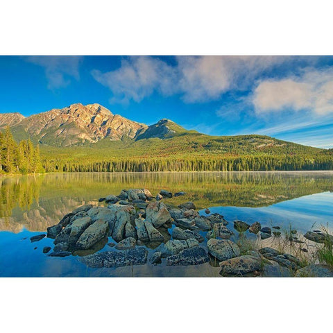 Canada-Alberta-Jasper National Park Pyramid Mountain and reflections on Pyramid Lake Black Modern Wood Framed Art Print by Jaynes Gallery
