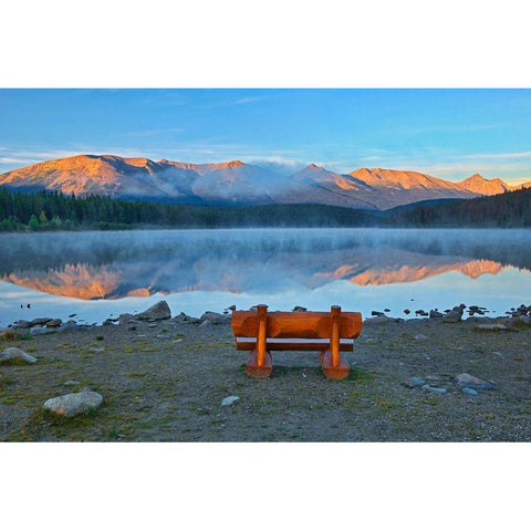 Canada-Alberta-Jasper National Park Bench overlooking lake and mountains at sunset Black Modern Wood Framed Art Print by Jaynes Gallery