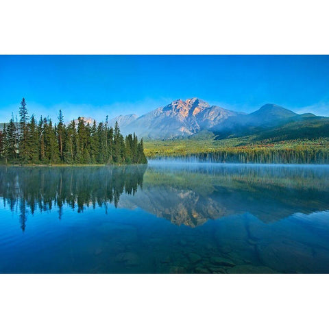Canada-Alberta-Jasper National Park Mountain and forest reflections in lake Black Modern Wood Framed Art Print by Jaynes Gallery
