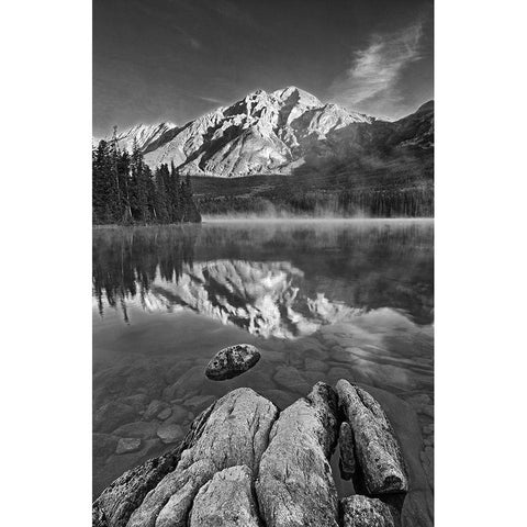 Canada-Alberta-Jasper National Park Pyramid Mountain reflected in Pyramid Lake at sunrise Black Modern Wood Framed Art Print by Jaynes Gallery