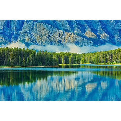Canada-Alberta-Banff National Park Reflection of Mt Rundle in Two Jack Lake Black Modern Wood Framed Art Print by Jaynes Gallery