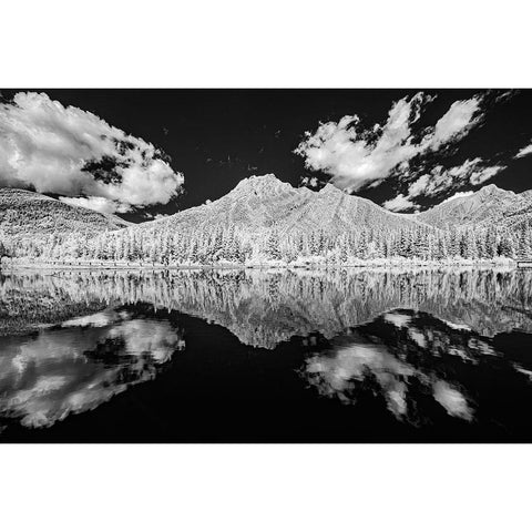 Canada-Alberta-Kananaskis Provincial Park Black and white of clouds reflected in Lorette Ponds White Modern Wood Framed Art Print by Jaynes Gallery