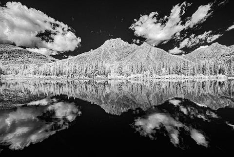 Canada-Alberta-Kananaskis Provincial Park Black and white of clouds reflected in Lorette Ponds Black Ornate Wood Framed Art Print with Double Matting by Jaynes Gallery