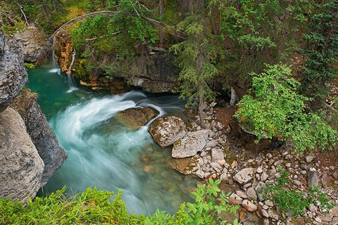 Canada- Alberta- Jasper National Park. Overview of Maligne River flowing through Maligne Canyon. Black Ornate Wood Framed Art Print with Double Matting by Jaynes Gallery