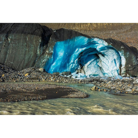 Blue ice and meltwater at the toe of the Athabasca Glacier-Jasper National Park-Alberta-Canada Black Modern Wood Framed Art Print by Bishop, Russ