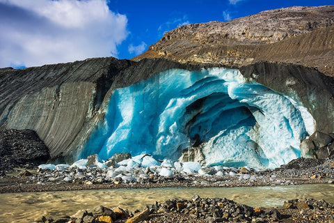 Blue ice and meltwater at the toe of the Athabasca Glacier-Jasper National Park-Alberta-Canada White Modern Wood Framed Art Print with Double Matting by Bishop, Russ
