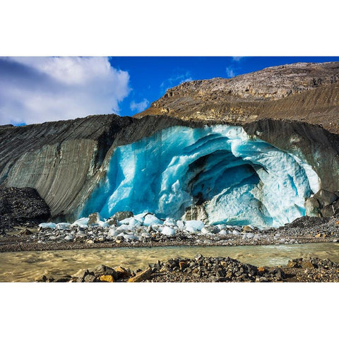 Blue ice and meltwater at the toe of the Athabasca Glacier-Jasper National Park-Alberta-Canada Black Modern Wood Framed Art Print by Bishop, Russ