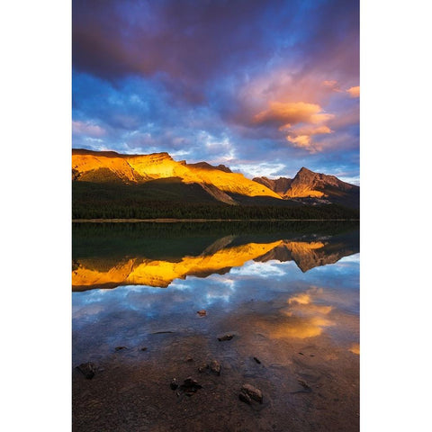 Evening light on Maligne Lake and Sampson Peak-Jasper National Park-Alberta-Canada Black Modern Wood Framed Art Print by Bishop, Russ