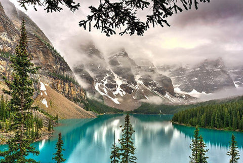Moraine lake in the valley of the ten peaks in the Alberta-Canada Rocky Mountains Black Ornate Wood Framed Art Print with Double Matting by Steve Mohlenkamp