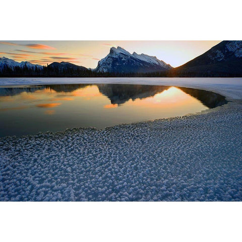 Snow crystals rim a lone break in the ice on Vermilion Lakes on a cold Banff National Park winter mo Black Modern Wood Framed Art Print by Steve Mohlenkamp