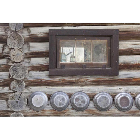 Canada, BC, Fort Steele Window and gold pans White Modern Wood Framed Art Print by Paulson, Don