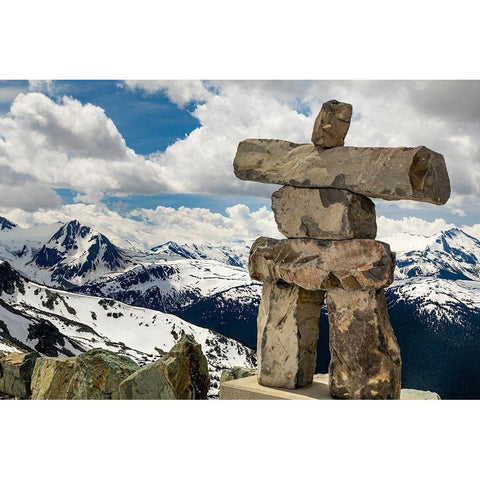 Canada-British Columbia Garibaldi Provincial Park Inukshuk stone figure close-up and mountains  Black Modern Wood Framed Art Print by Jaynes Gallery