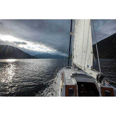 Canada-British Columbia-Gulf 32 pilothouse boat motoring and sailing north Black Modern Wood Framed Art Print by Souders, Paul