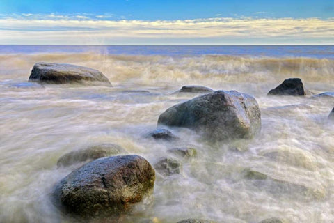 Canada, Manitoba Waves crashing on Lake Winnipeg White Modern Wood Framed Art Print with Double Matting by Grandmaison, Mike