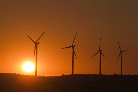 Canada, Somerset Wind turbines at sunset White Modern Wood Framed Art Print with Double Matting by Grandmaison, Mike