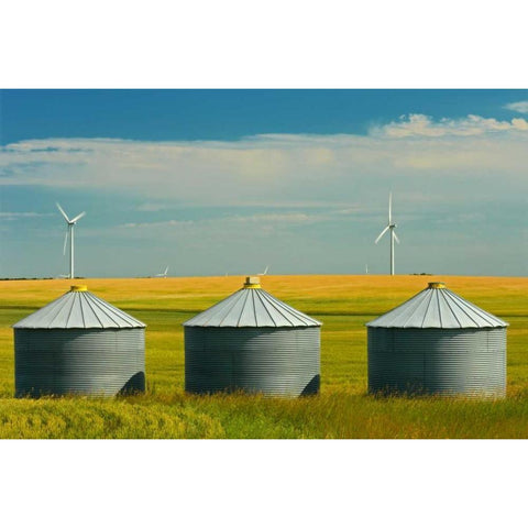 Canada, Somerset Wind turbines and grain bins White Modern Wood Framed Art Print by Grandmaison, Mike