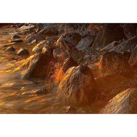 Canada-Manitoba-Clearwater Lake Provincial Park-Rocky shoreline of Clearwater Lake at sunset White Modern Wood Framed Art Print by Jaynes Gallery