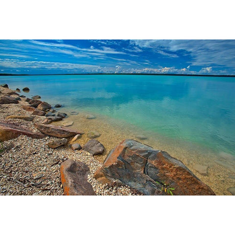 Canada-Manitoba-Little Limestone Lake Lake and rocks on shore Black Modern Wood Framed Art Print by Jaynes Gallery