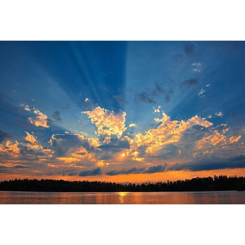 Canada-Manitoba-Whiteshell Provincial Park-Crepuscular rays over Star Lake Black Modern Wood Framed Art Print by Jaynes Gallery