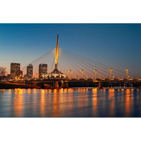 Canada-Manitoba-Winnipeg Esplanade Bridge over Red River at sunset White Modern Wood Framed Art Print by Jaynes Gallery