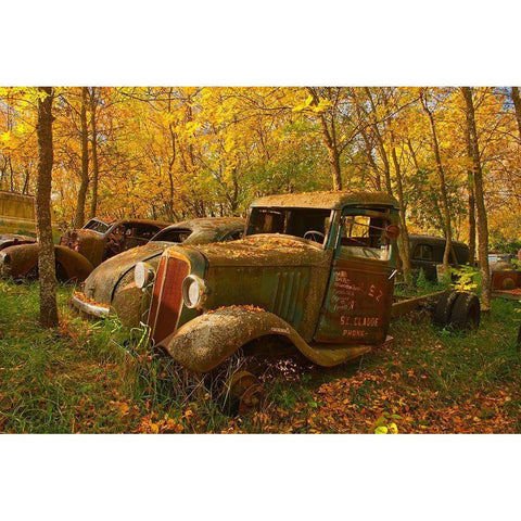 Canada-Manitoba-St Lupicin Vintage old vehicles in wrecking yard Black Modern Wood Framed Art Print with Double Matting by Jaynes Gallery