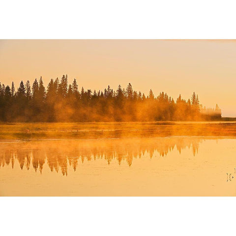 Canada-Manitoba-Riding Mountain National Park Fog rising above Whirlpool Lake at sunrise Black Modern Wood Framed Art Print with Double Matting by Jaynes Gallery
