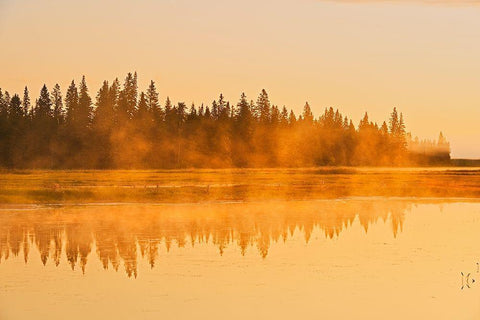 Canada-Manitoba-Riding Mountain National Park Fog rising above Whirlpool Lake at sunrise White Modern Wood Framed Art Print with Double Matting by Jaynes Gallery