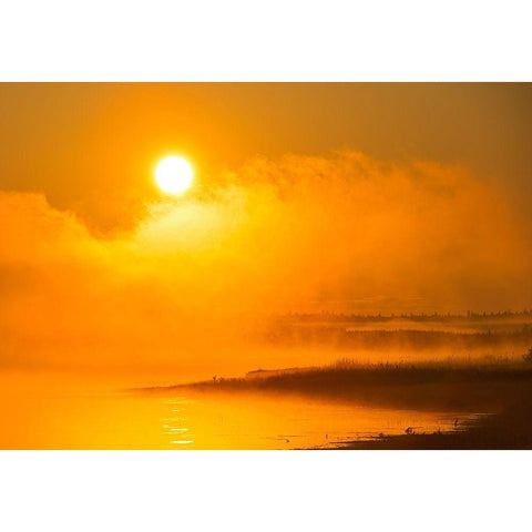 Canada-Manitoba-Riding Mountain National Park Fog rising above Whirlpool Lake at sunrise Black Modern Wood Framed Art Print by Jaynes Gallery