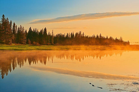 Canada-Manitoba-Riding Mountain National Park Fog rising above Whirlpool Lake at sunrise Black Ornate Wood Framed Art Print with Double Matting by Jaynes Gallery