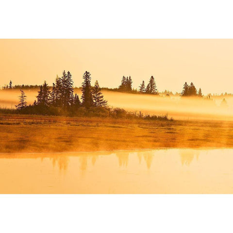 Canada-Manitoba-Riding Mountain National Park Fog rising above Whirlpool Lake at sunrise White Modern Wood Framed Art Print by Jaynes Gallery