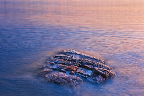 Canada- Manitoba- Paint Lake Provincial Park. Paint Lake. Exposed rock on Paint Lake at sunrise. Black Modern Wood Framed Art Print by Jaynes Gallery