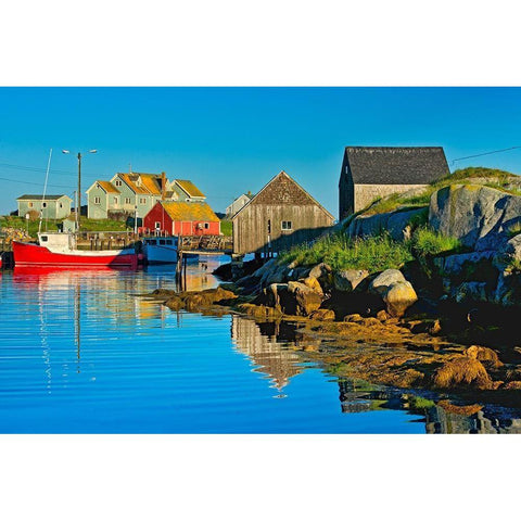 Canada-Nova Scotia-Peggys Cove Fishing boats in village harbor White Modern Wood Framed Art Print by Jaynes Gallery