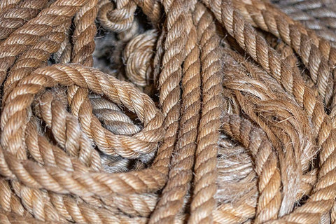 Coiled natural fiber fishing rope used in Nova Scotia fishing vessels White Modern Wood Framed Art Print with Double Matting by Ostrowitz, Mallorie