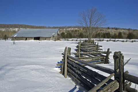 Canada, Sheguindah Fence and barn in winter White Modern Wood Framed Art Print with Double Matting by Grandmaison, Mike