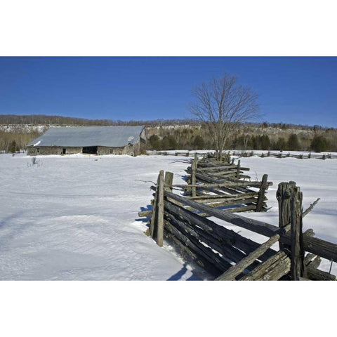 Canada, Sheguindah Fence and barn in winter Black Modern Wood Framed Art Print by Grandmaison, Mike
