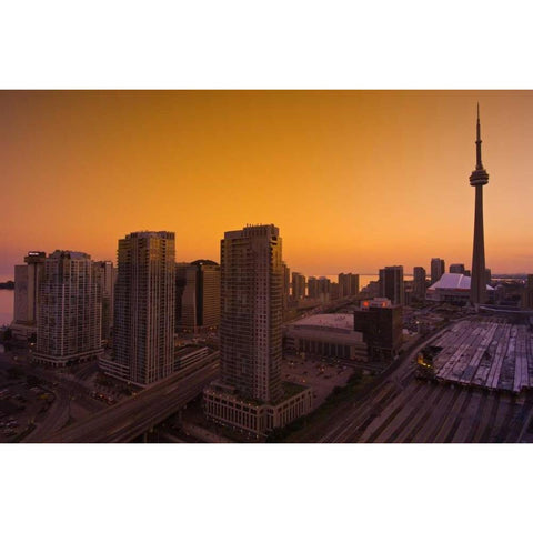 Toronto City at dusk with CN Tower White Modern Wood Framed Art Print by Grandmaison, Mike