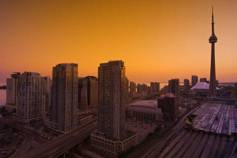Toronto City at dusk with CN Tower Black Ornate Wood Framed Art Print with Double Matting by Grandmaison, Mike