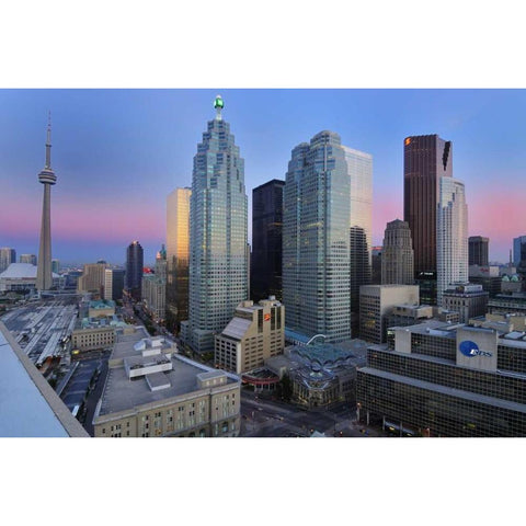 Toronto City at dusk with CN Tower Black Modern Wood Framed Art Print with Double Matting by Grandmaison, Mike