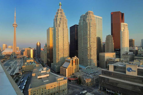 Toronto City at dusk with CN Tower Black Ornate Wood Framed Art Print with Double Matting by Grandmaison, Mike