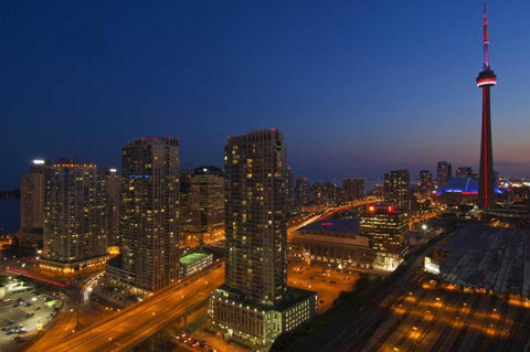 Toronto City at dusk with CN Tower Black Ornate Wood Framed Art Print with Double Matting by Grandmaison, Mike