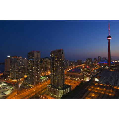 Toronto City at dusk with CN Tower Black Modern Wood Framed Art Print by Grandmaison, Mike