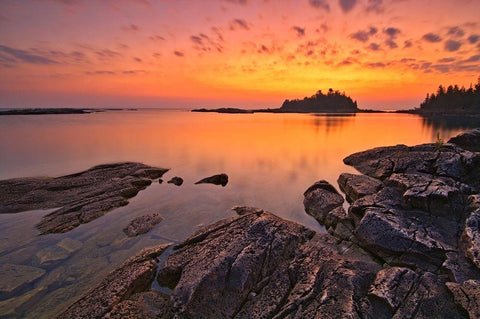 Canada-Ontario-Bruce Peninsula National Park Island and rocks in Georgian Bay at sunset Black Ornate Wood Framed Art Print with Double Matting by Jaynes Gallery