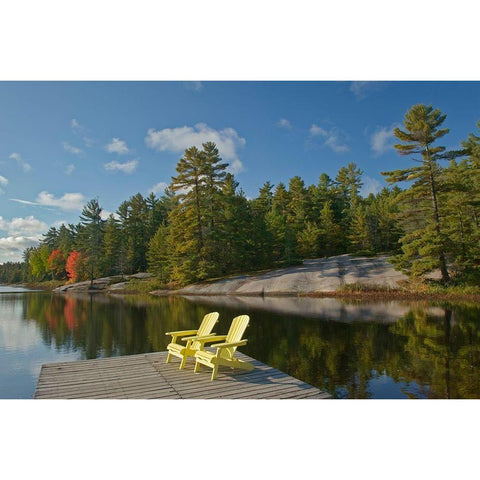 Canada-Ontario-Grundy Lake Provincial Park Muskoka chairs on lake dock Black Modern Wood Framed Art Print by Jaynes Gallery