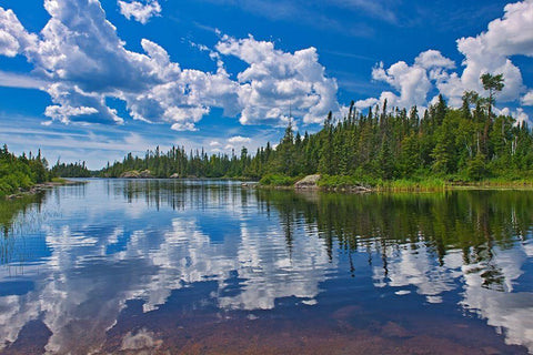 Canada-Ontario-Obatanga Provincial Park-Clouds reflected in Burnfield Lake White Modern Wood Framed Art Print with Double Matting by Jaynes Gallery
